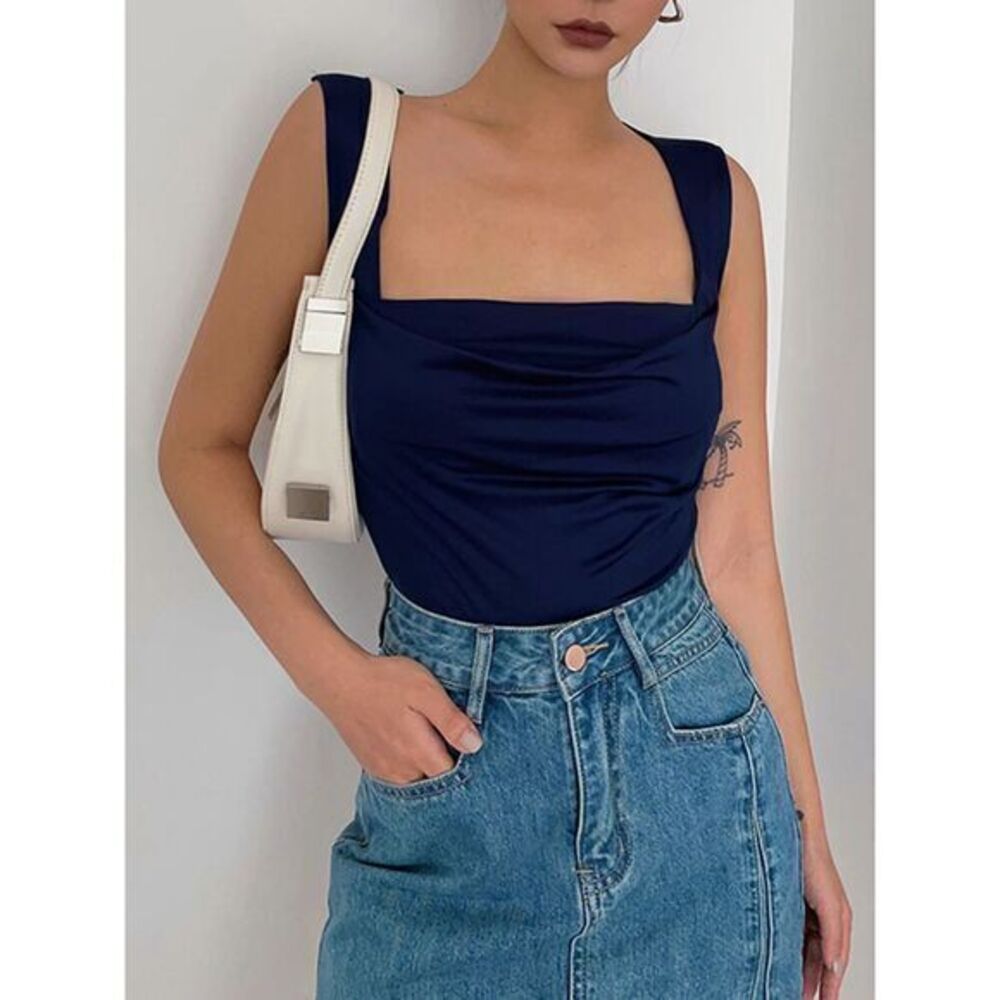 Commense Navy Blue Sleeveless Crop‎ Top Square Neck Fitted Baddie Tank Top S
